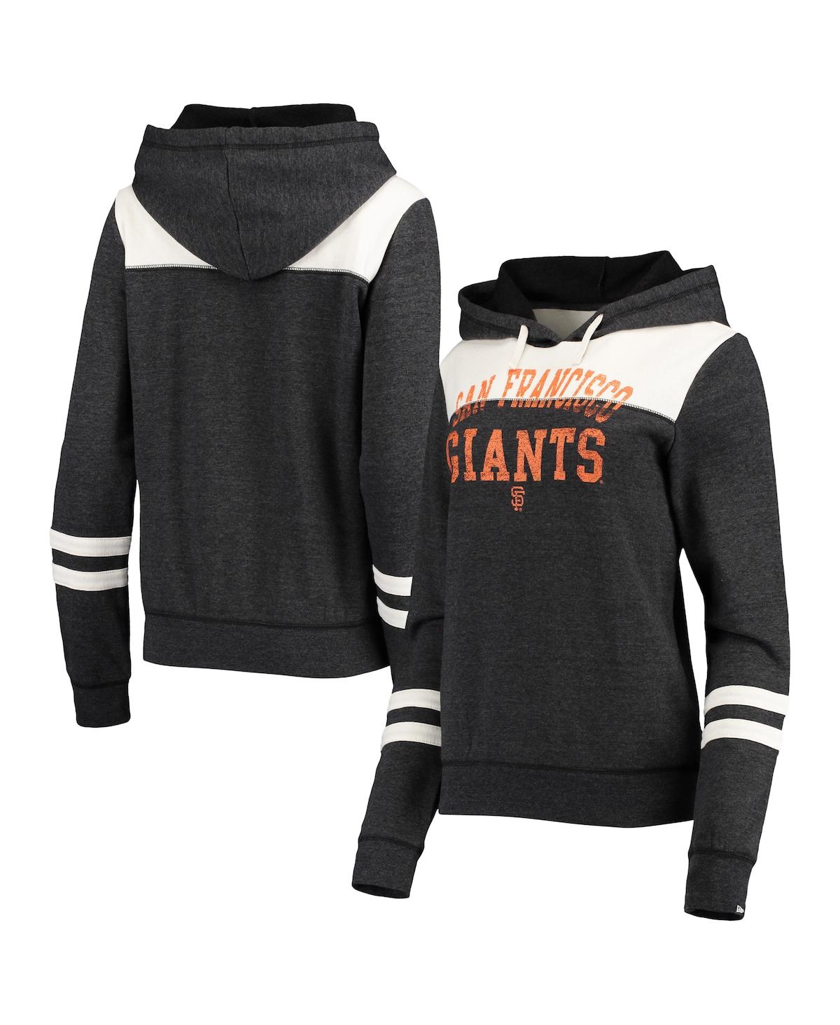 New Era Women's  Heathered Black And White San Francisco Giants Colorblock Tri-blend Pullover Hoodie In Heathered Black,white