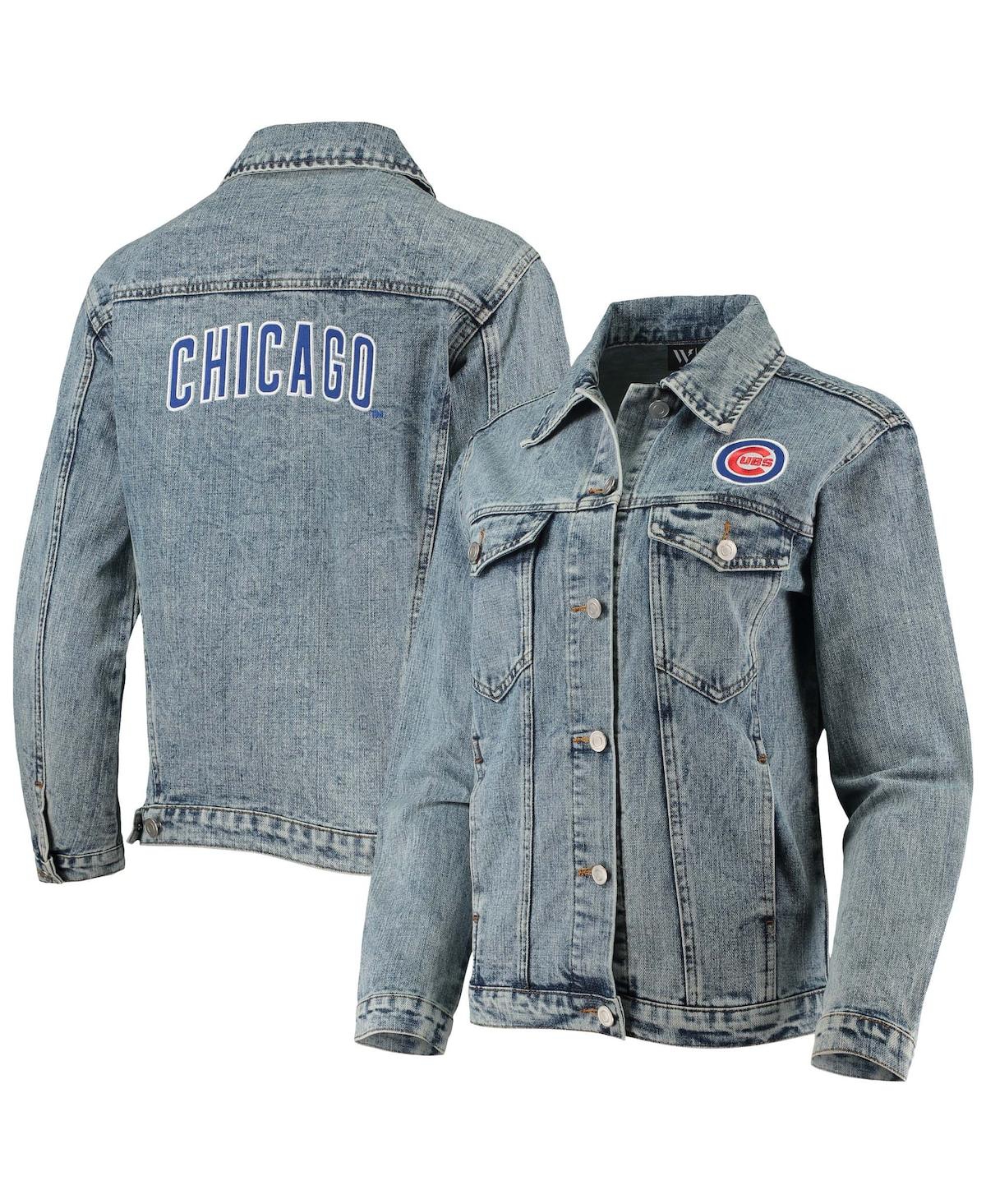 Shop The Wild Collective Women's  Chicago Cubs Team Patch Denim Button-up Jacket In Blue