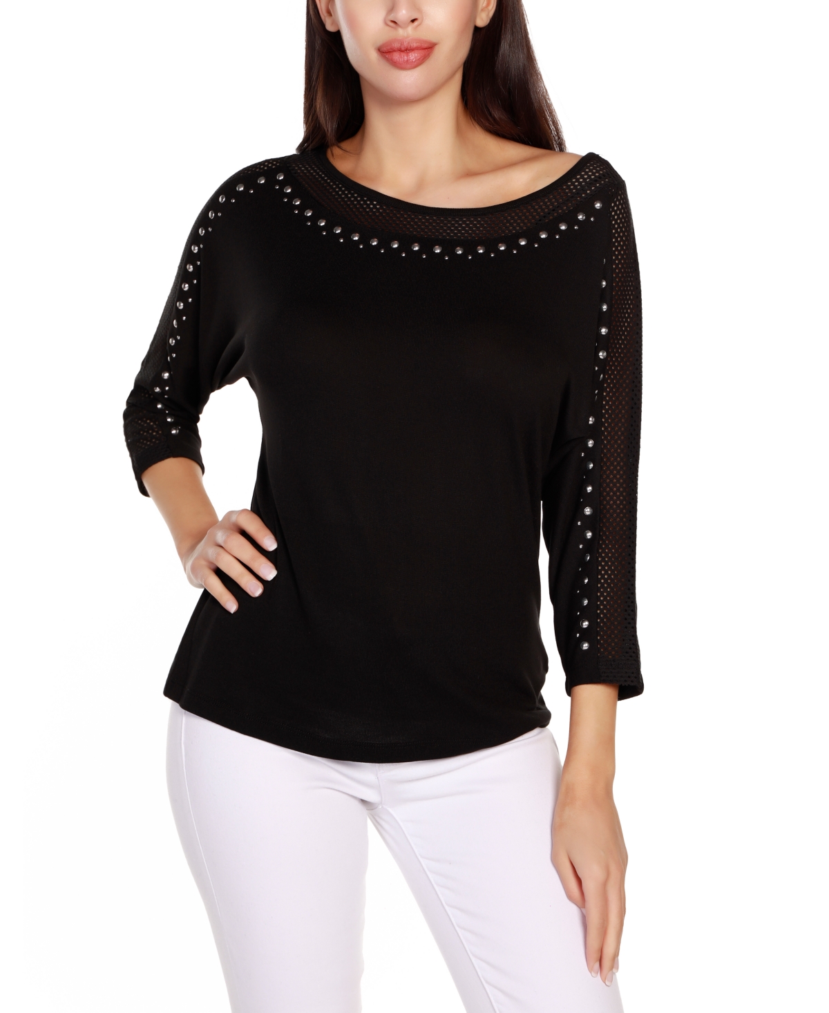 Women's Embellished Dolman with Mesh Inset Top - Black