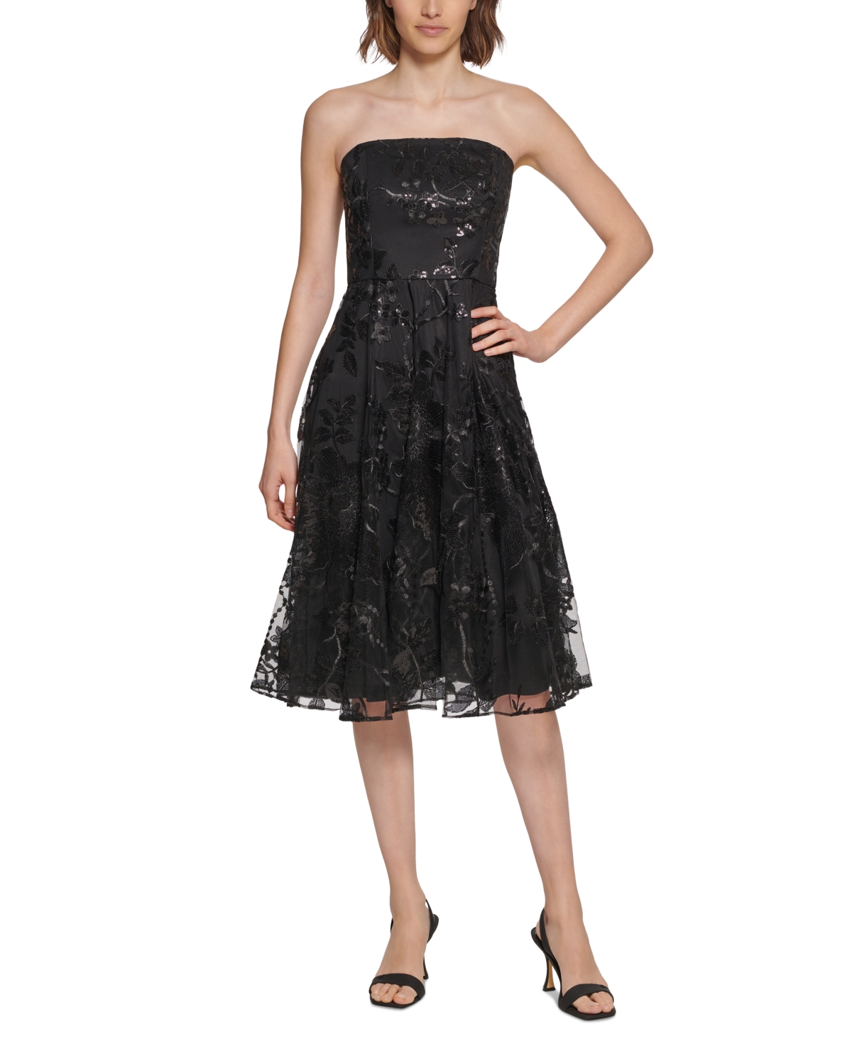 Calvin Klein Strapless Sequinned A Line Party Dress In Black Modesens