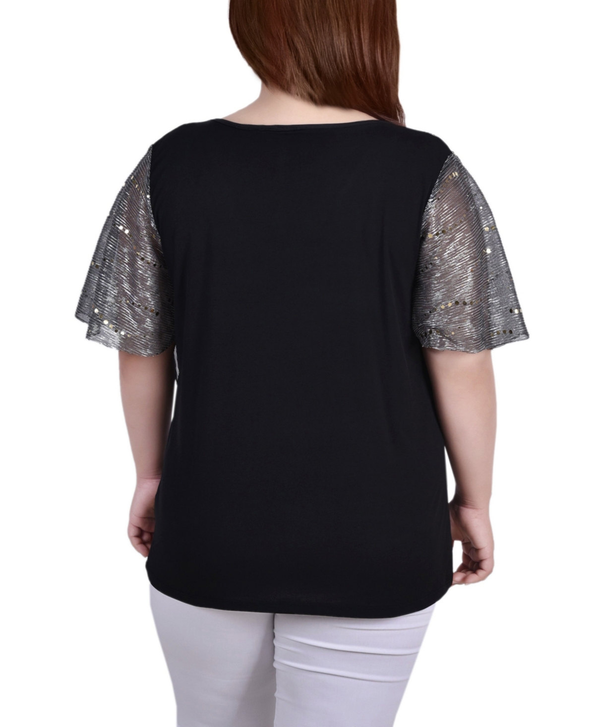 Plus Size Pleated Mesh Poncho Top with Foil - Gray and Gold-Tone