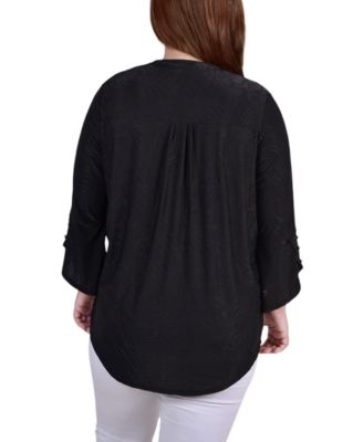 Plus Size 3/4 Sleeve Overlapped Bell Sleeve Y-Neck Top
