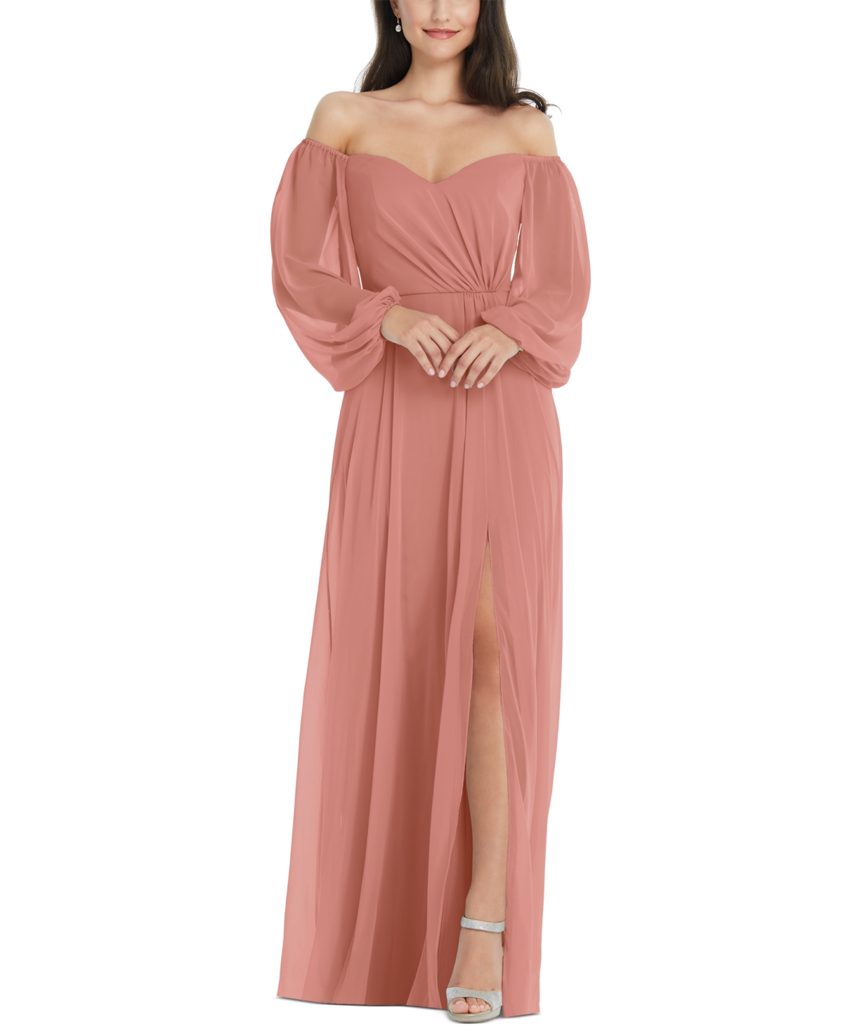 Dessy Collection Convertible Neck Long Sleeve Chiffon Gown In Desert Rose