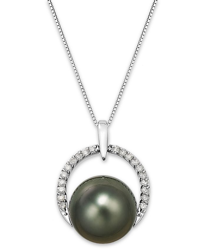 Macy's Tahitian Pearl (12 mm) and Diamond (1/5 ct. t.w.) Arch Pendant ...