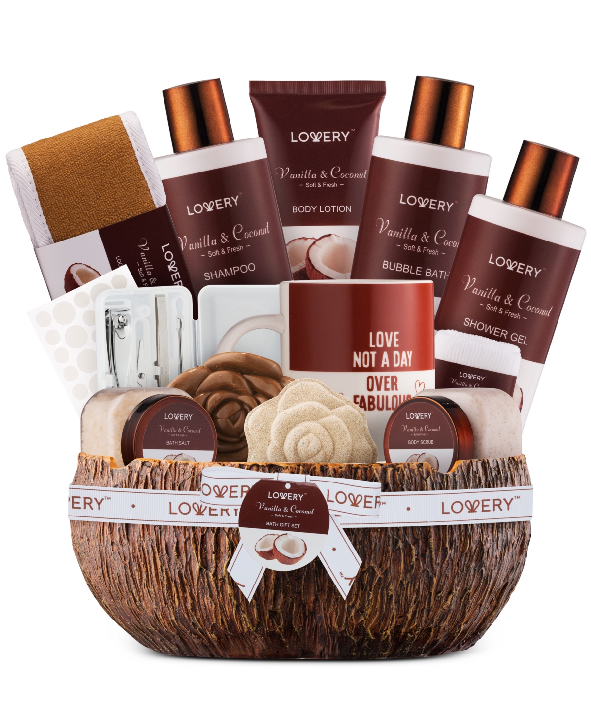 Lovery Men's Gift Set, Bath and Shower Gift Basket, Coconut Body Care Set, Personal Self Care Kit with Ash Tray, 18 Piece