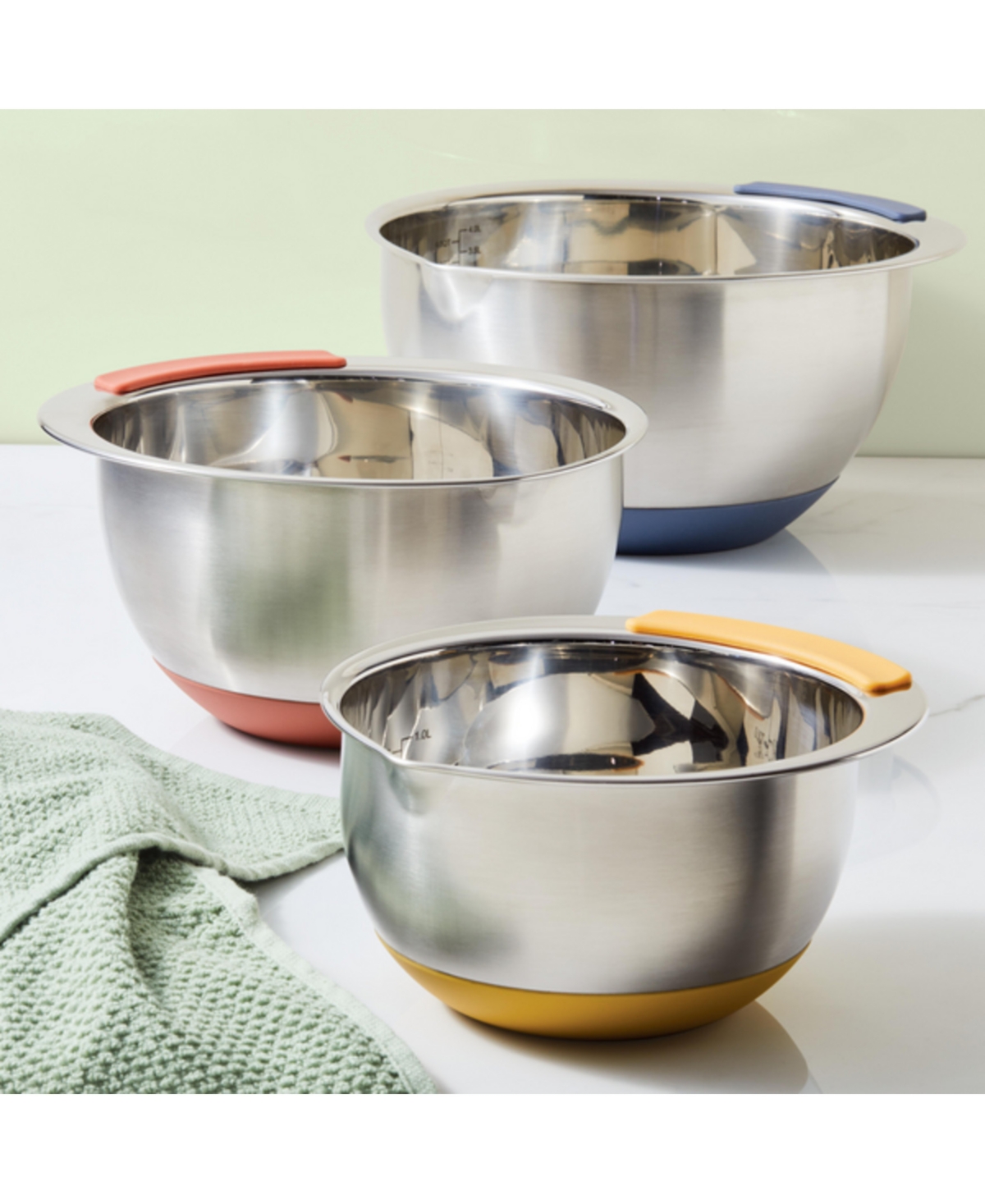 Ayesha Curry Pantryware 3-Pc. Stainless Steel Nesting Mixing Bowls Set - Stainless Steel With Color Accent Handle