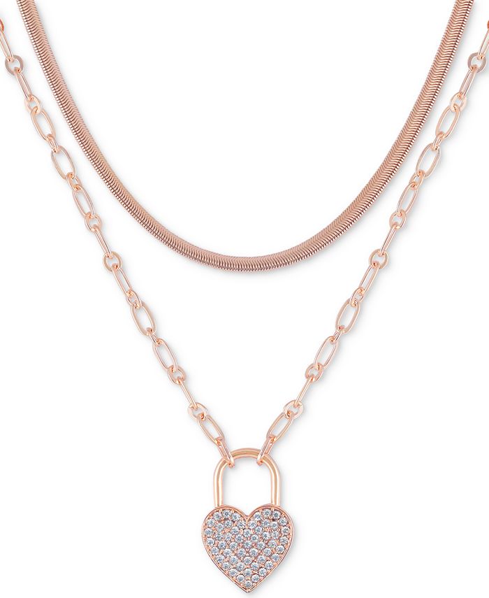 GUESS Rose Gold Tone Pav Heart Padlock Layered Pendant Necklace