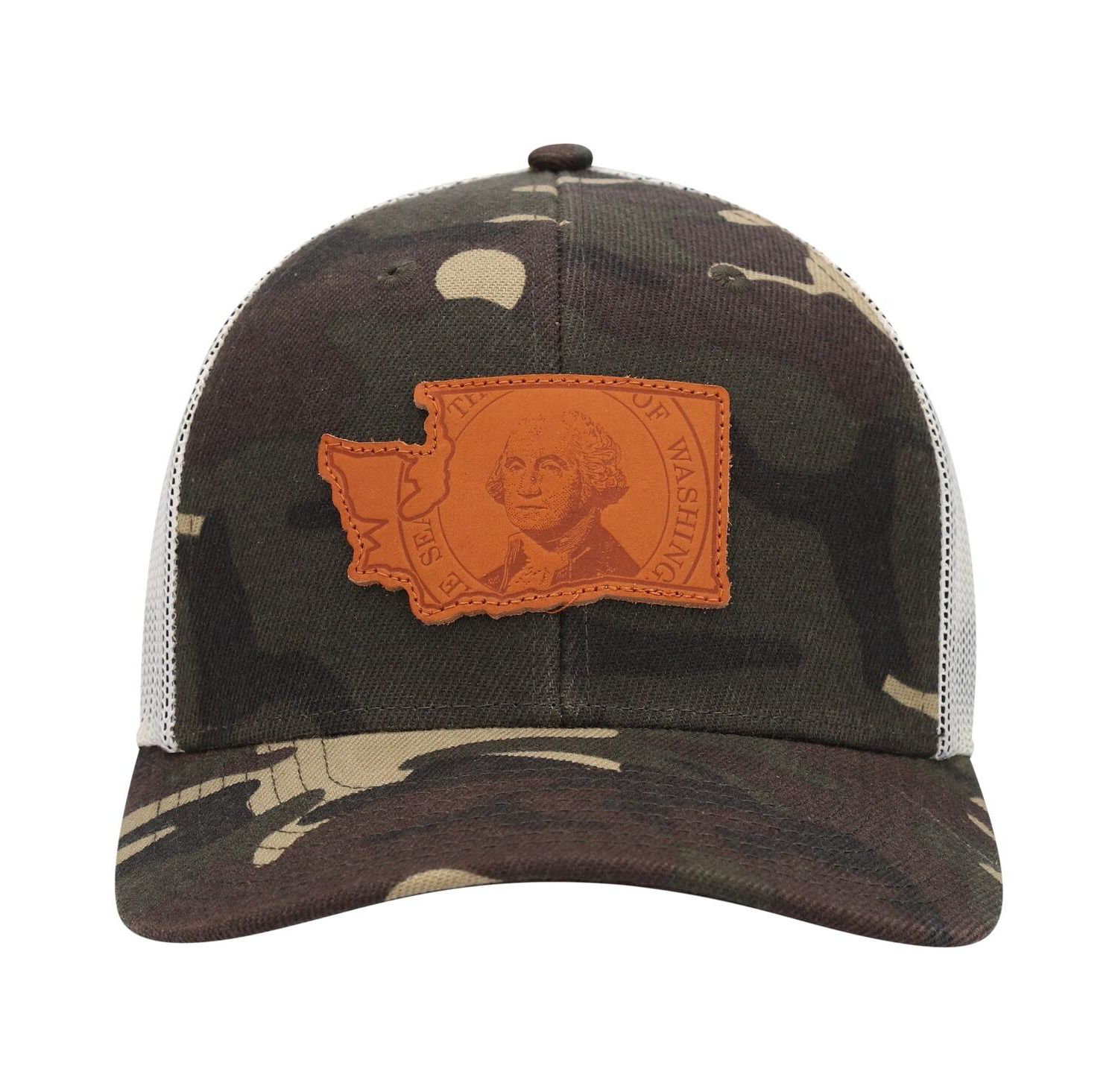 Men's Camo Washington Icon Woodland State Patch Trucker Snapback Hat