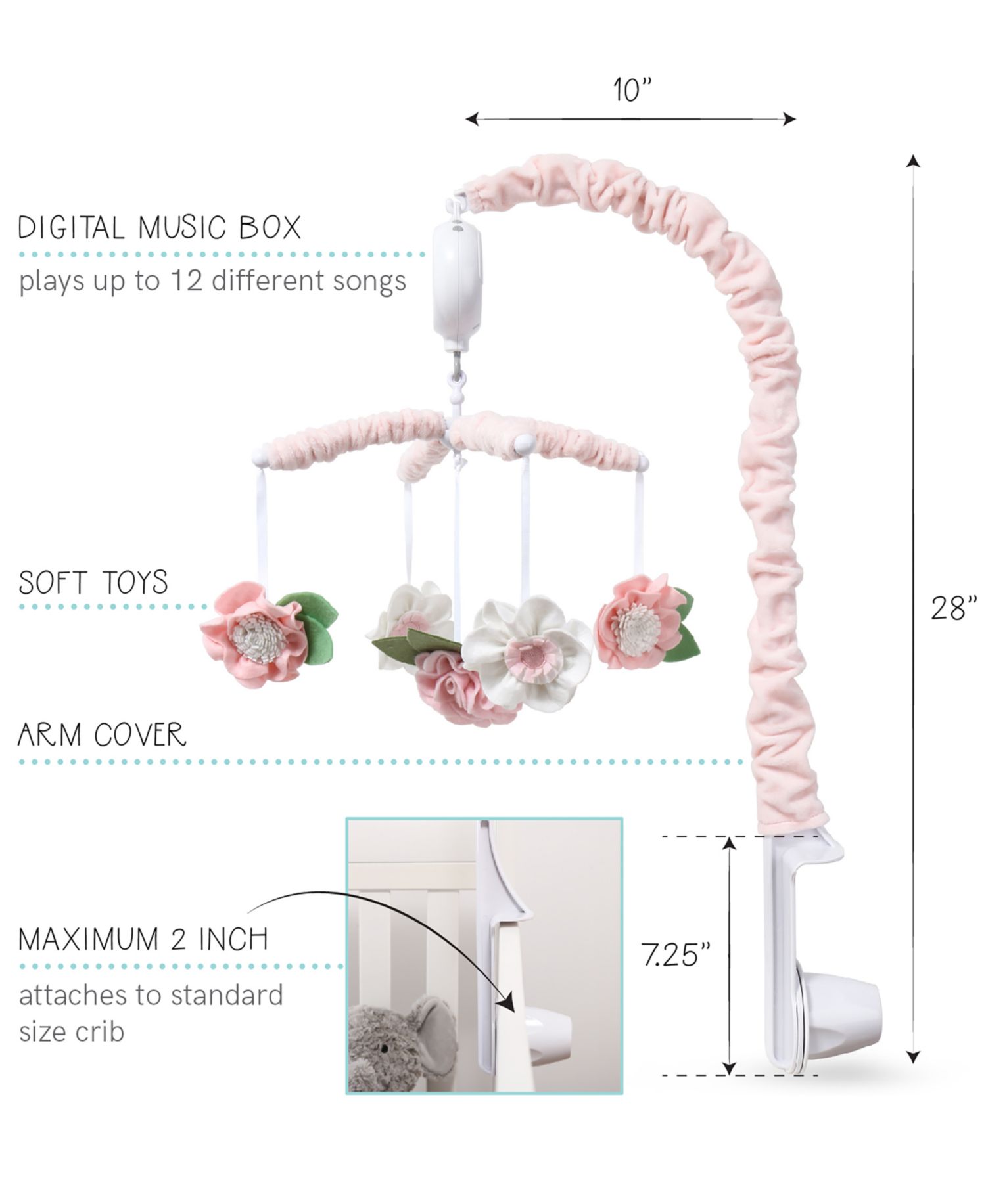 Pink Floral Musical Crib Mobile for Baby Girls Plays 12 Lullabies