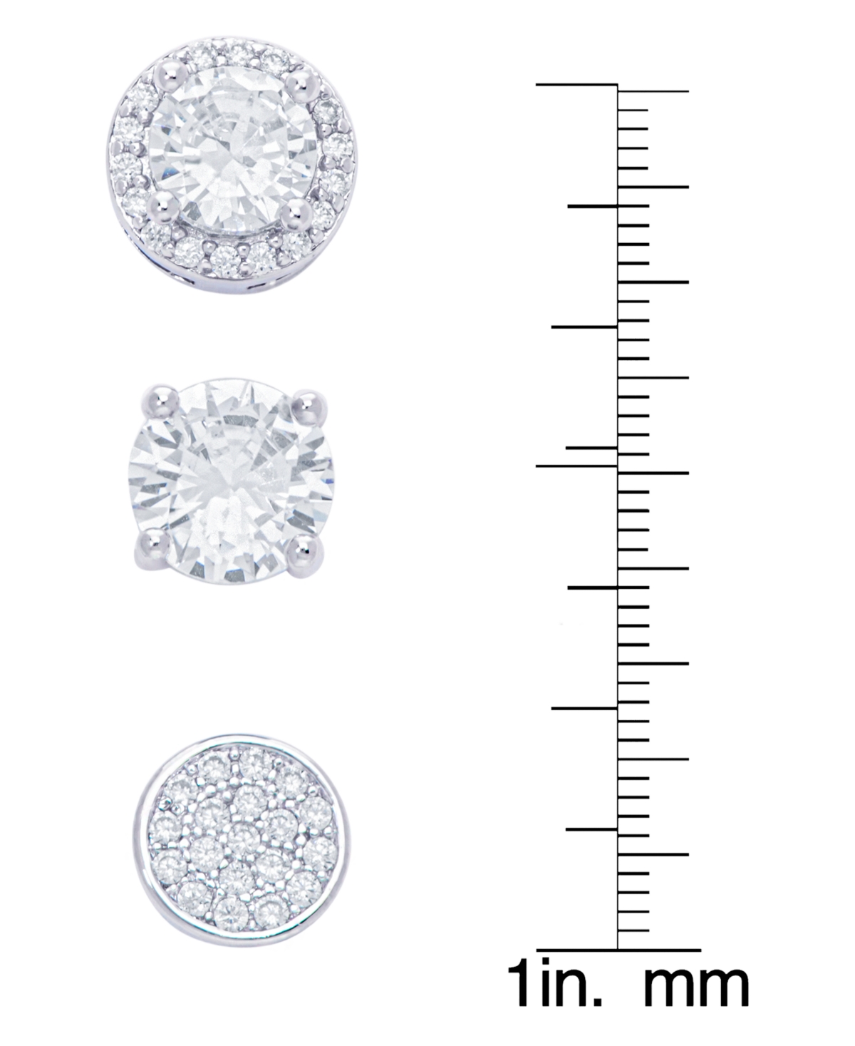 Women's FineRound, Halo, Cubic Zirconia Stud Earrings Set, 6 Pieces - Silver Plated