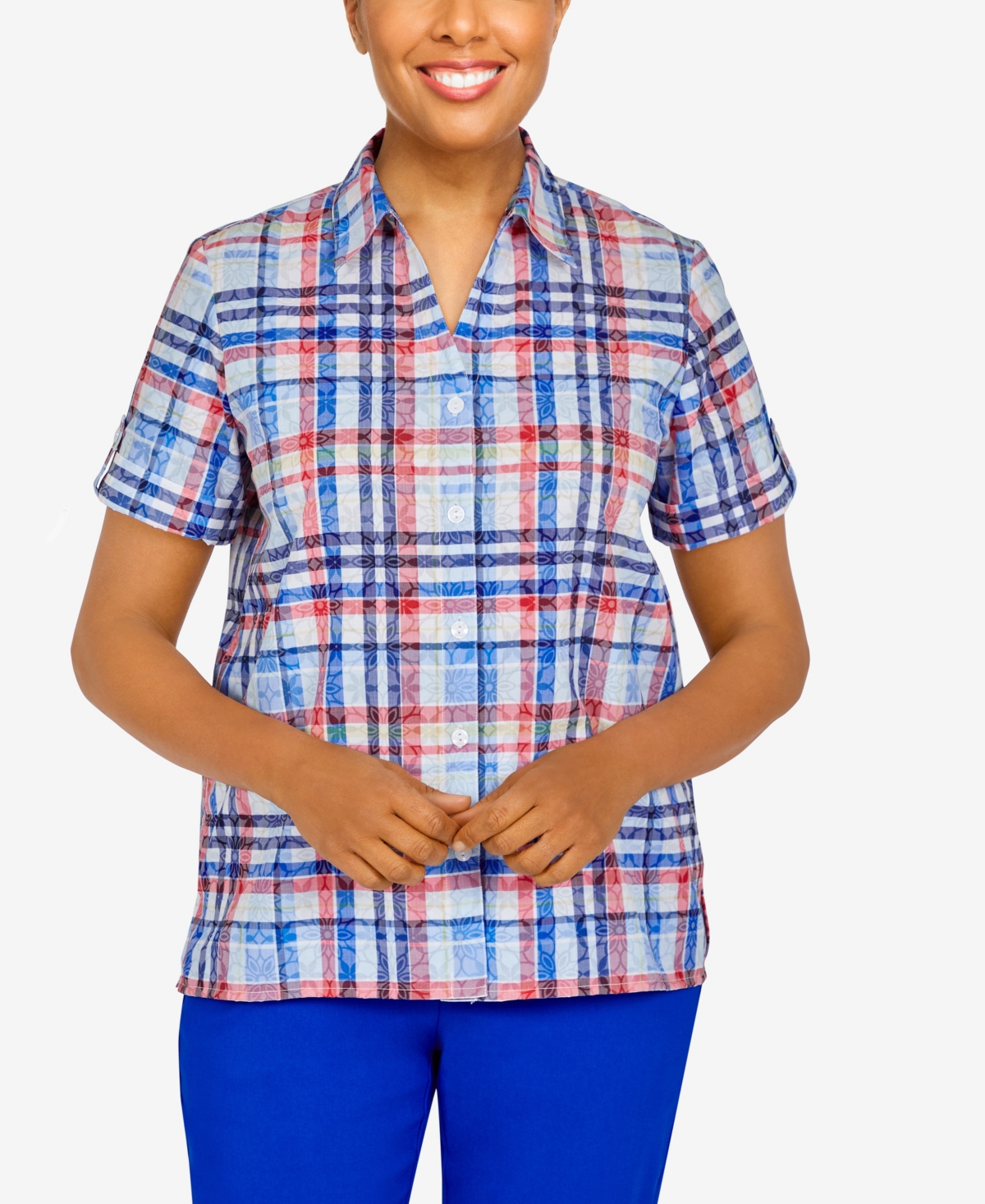 Alfred Dunner Petite American Dream Patriotic Plaid Shirt In Multi | ModeSens