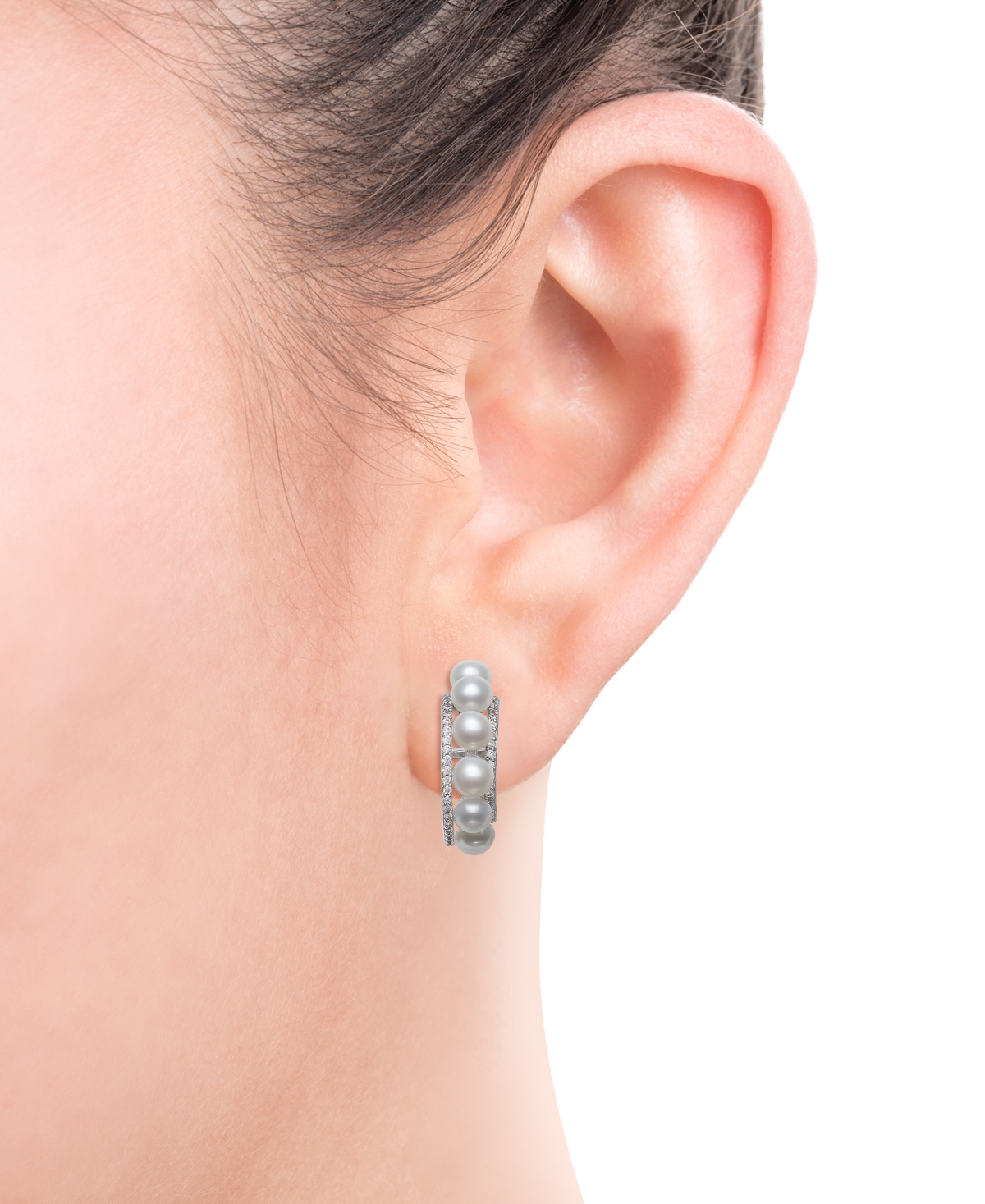 Belle de Mer Cultured Freshwater Button Pearl (4mm) & Cubic Zirconia Hoop Earrings  Created for Macy's - Sterling Silver