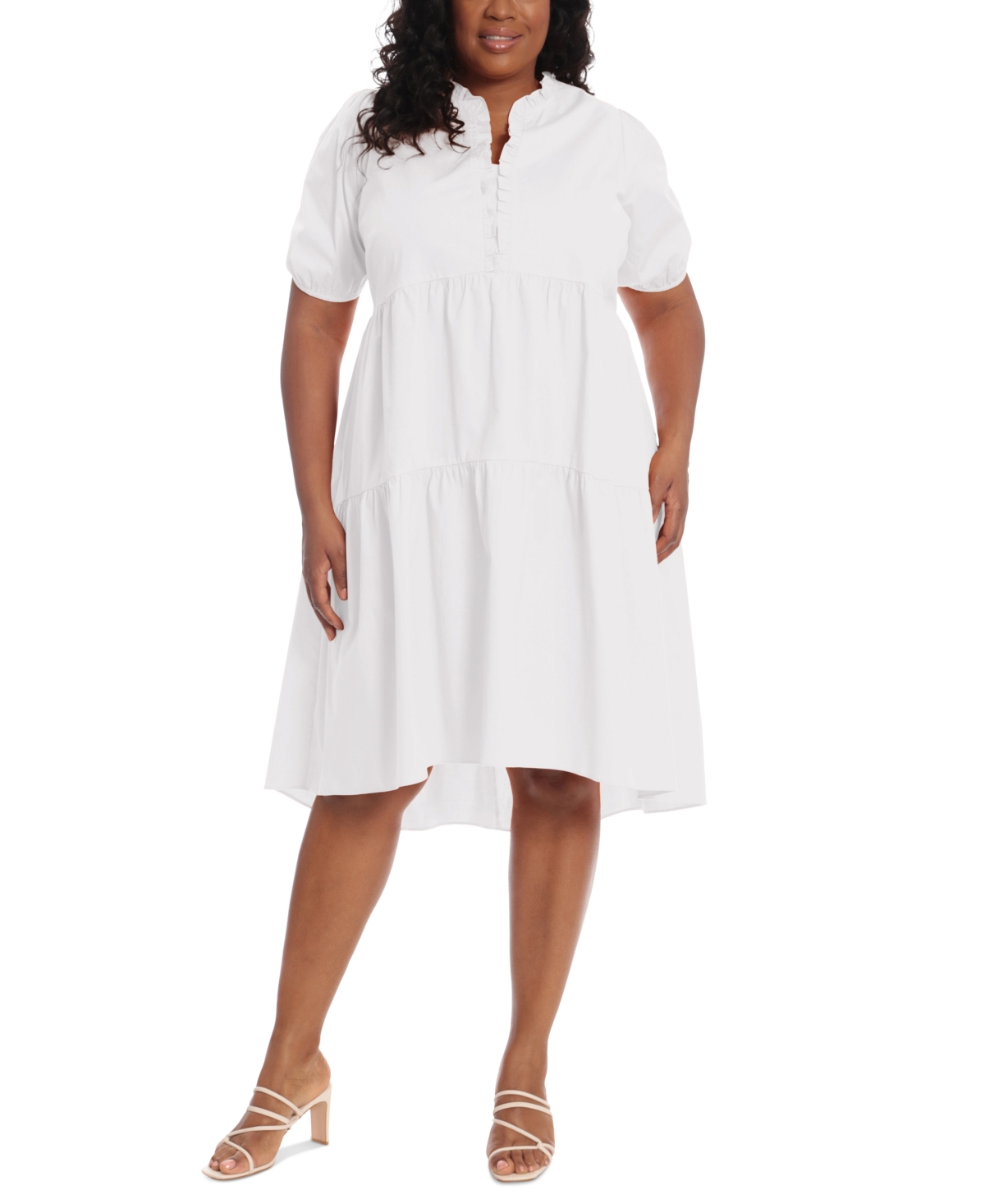 London Times Plus Size Ruffle Neck High Low A-line Dress In White