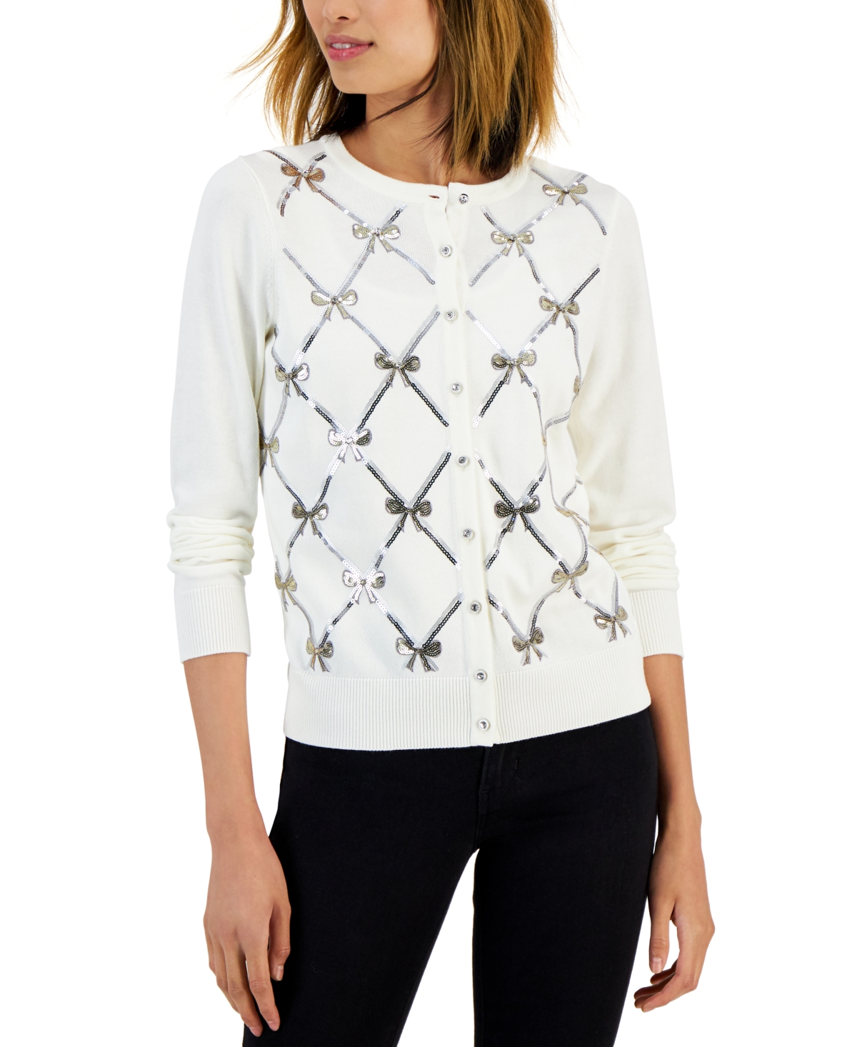 Charter Club Women's Sequined Bow Crewneck Cardigan, Created for Macy's