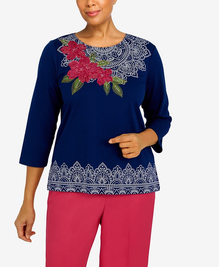 Alfred Dunner Plus Size Happy Hour Floral Medallion Yoke Top - Macy's