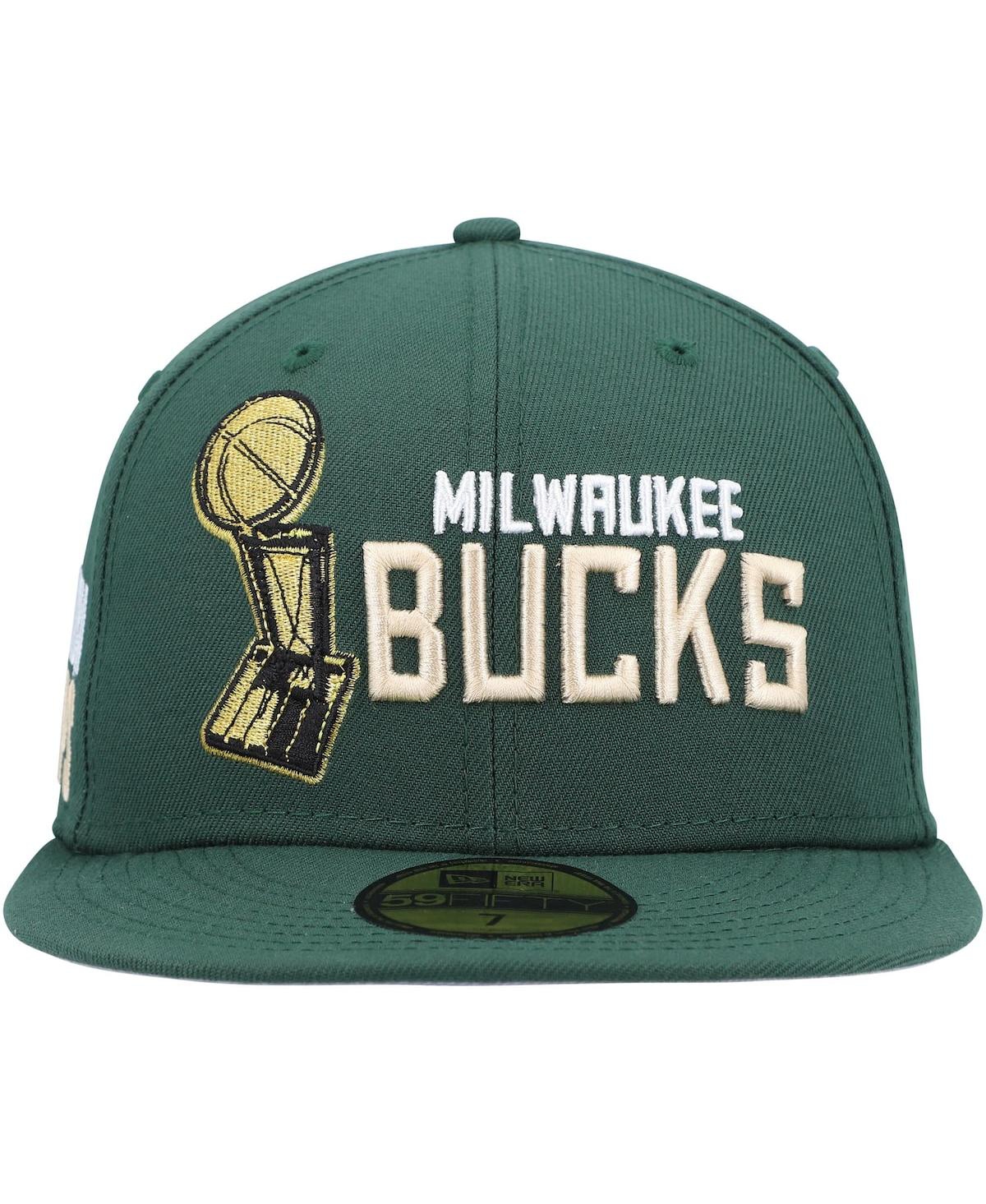 Shop New Era Men's  Hunter Green Milwaukee Bucks Champs Trophy 59fifty Fitted Hat