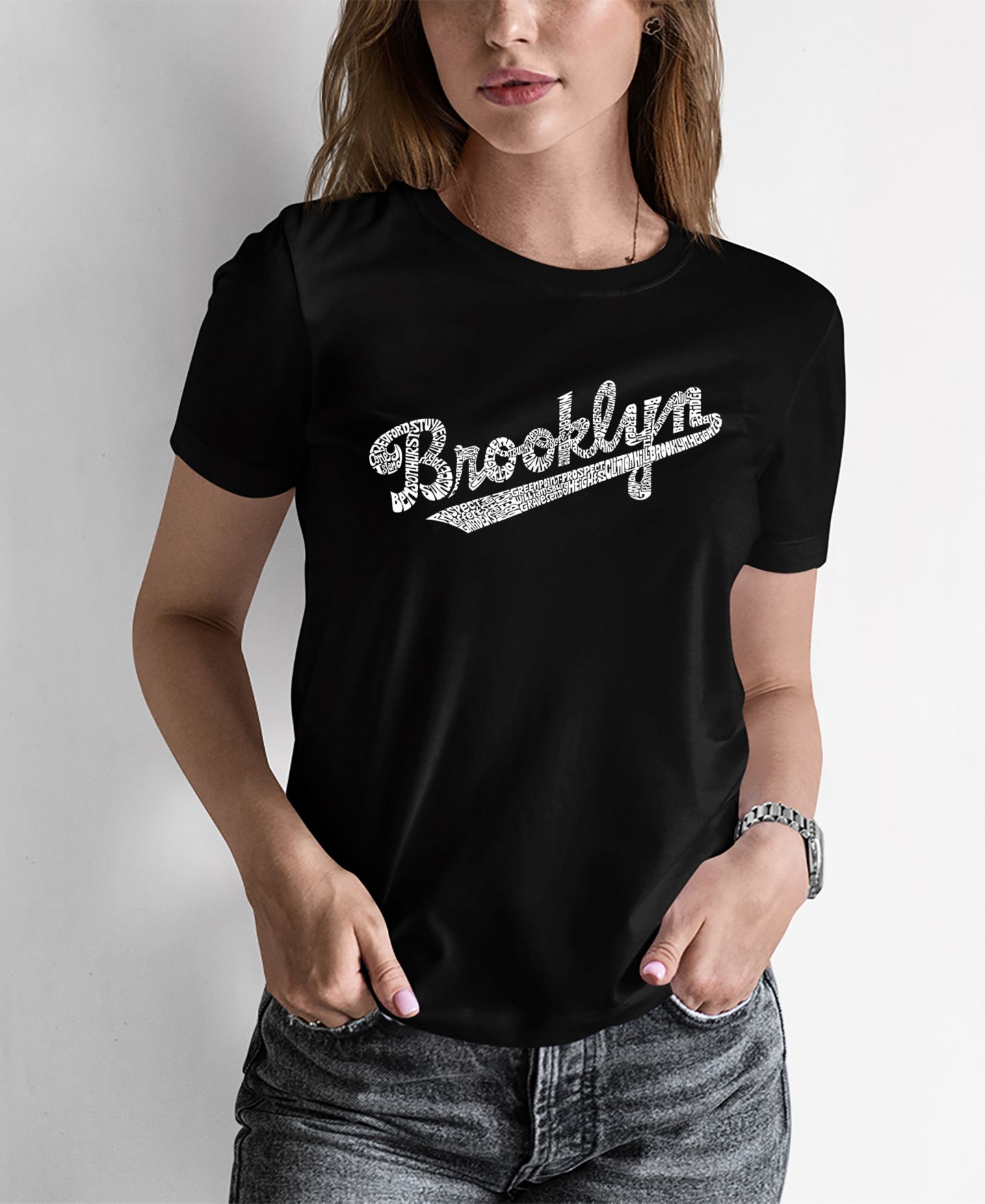 Женская футболка LA Pop Art Word Art Brooklyn Neighborhoods, цвет: Чёрный — фото 1