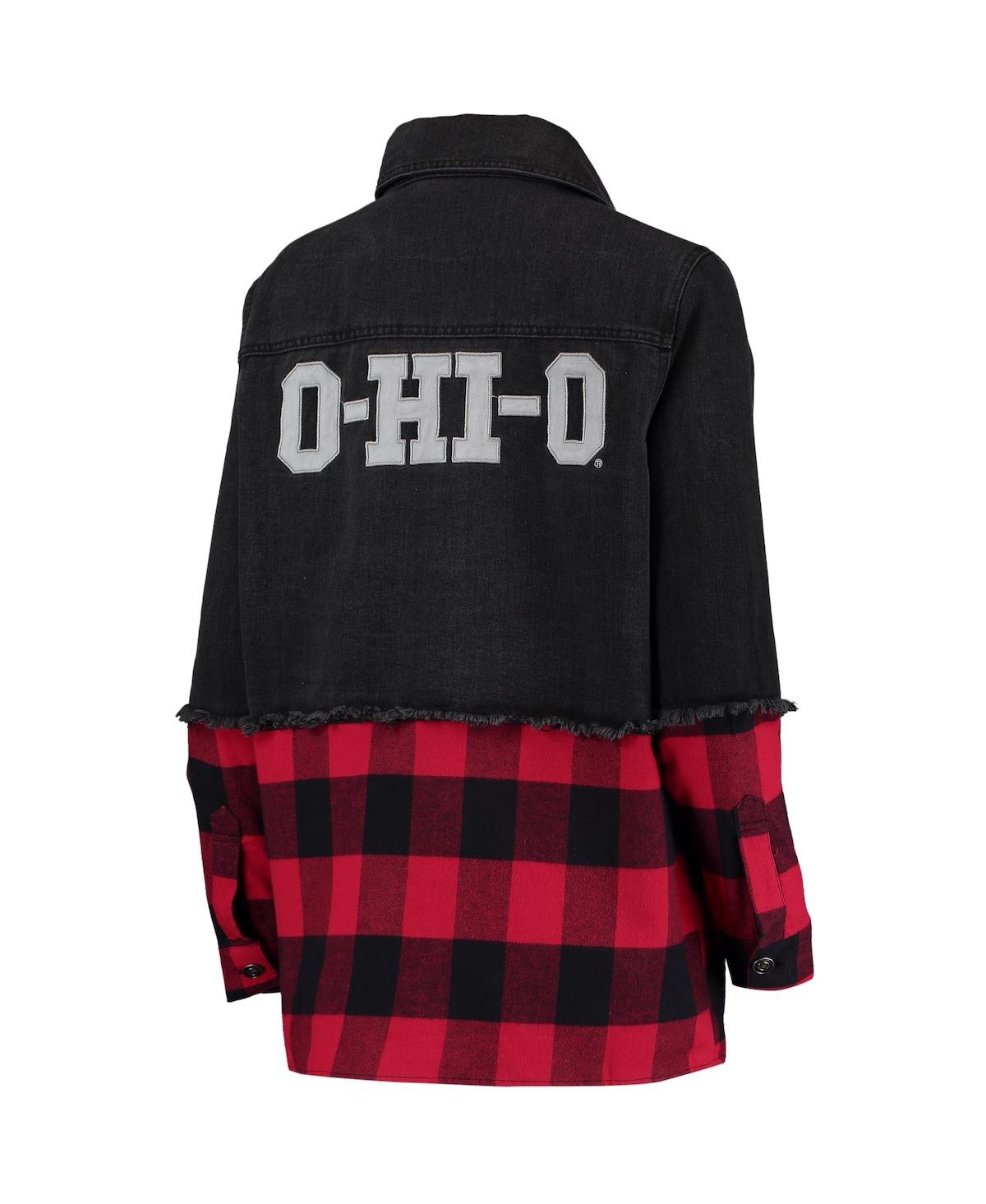 Shop The Wild Collective Women's  Black, Scarlet Ohio State Buckeyes Denim Flannel Stitch Button-up Shirt In Black,scarlet
