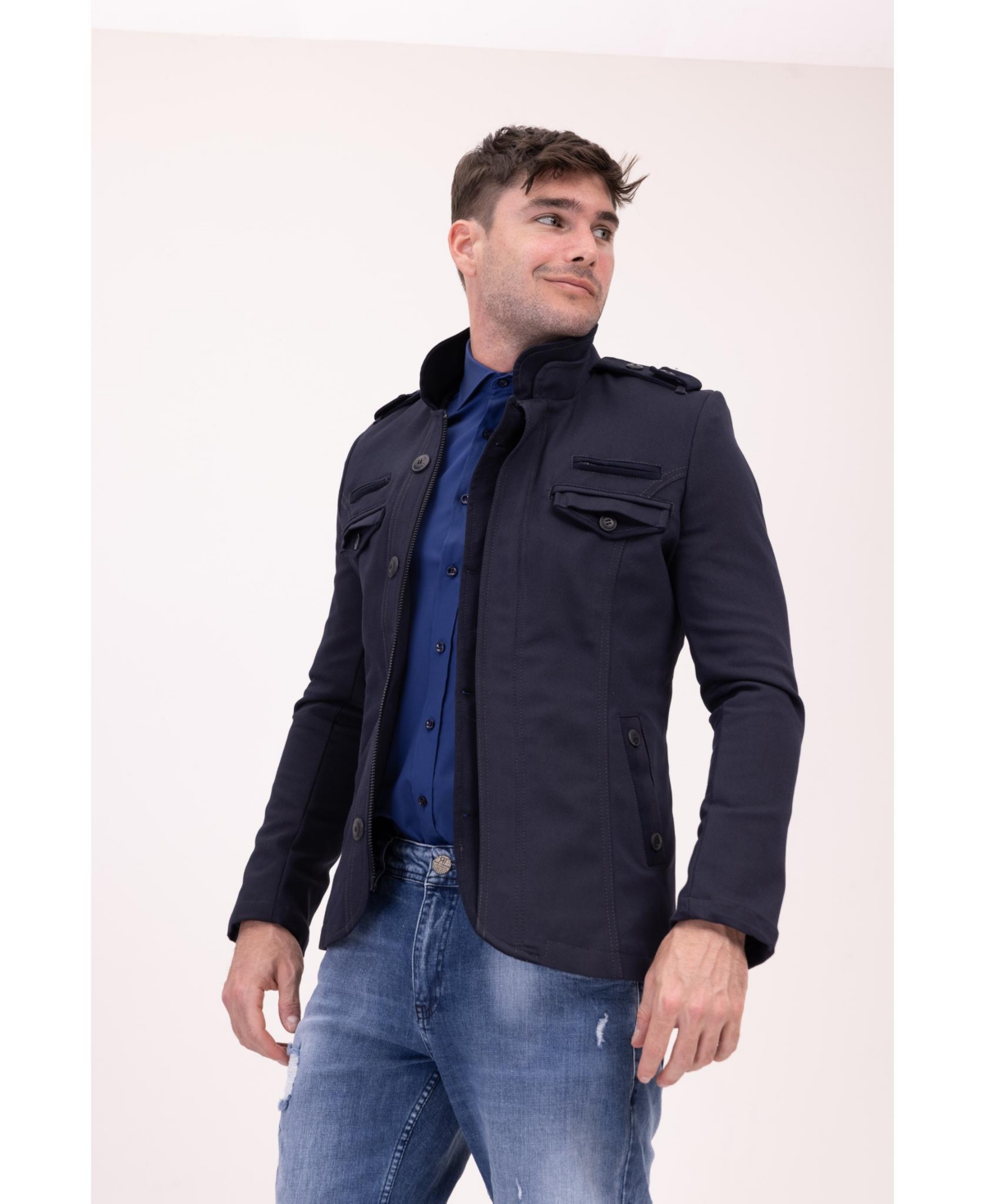 Ron Tomson Men's Modern Epaulette Shoulder Sports Jacket