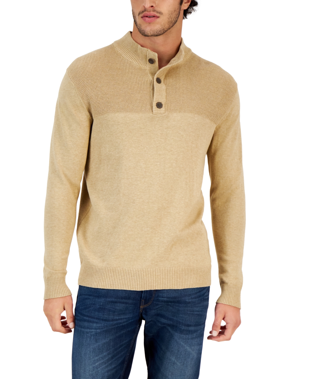 Men's Button Mock Neck Sweater, Created for Macy's - Toast Heather