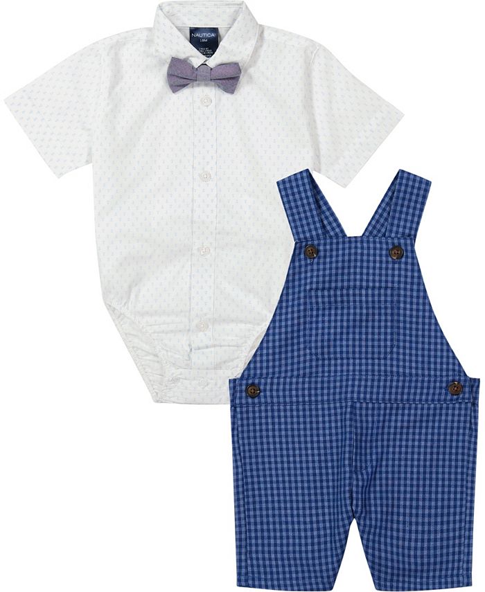 Nautica Baby Boys Checked Shortall, Collared Bodysuit, and Bowtie, 3