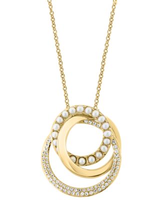 EFFY Collection - Cultured Freshwater Pearl (2mm) & Diamond (1/3 ct. t.w.) Interlocking Circle 18" Pendant Necklace in 14k Gold