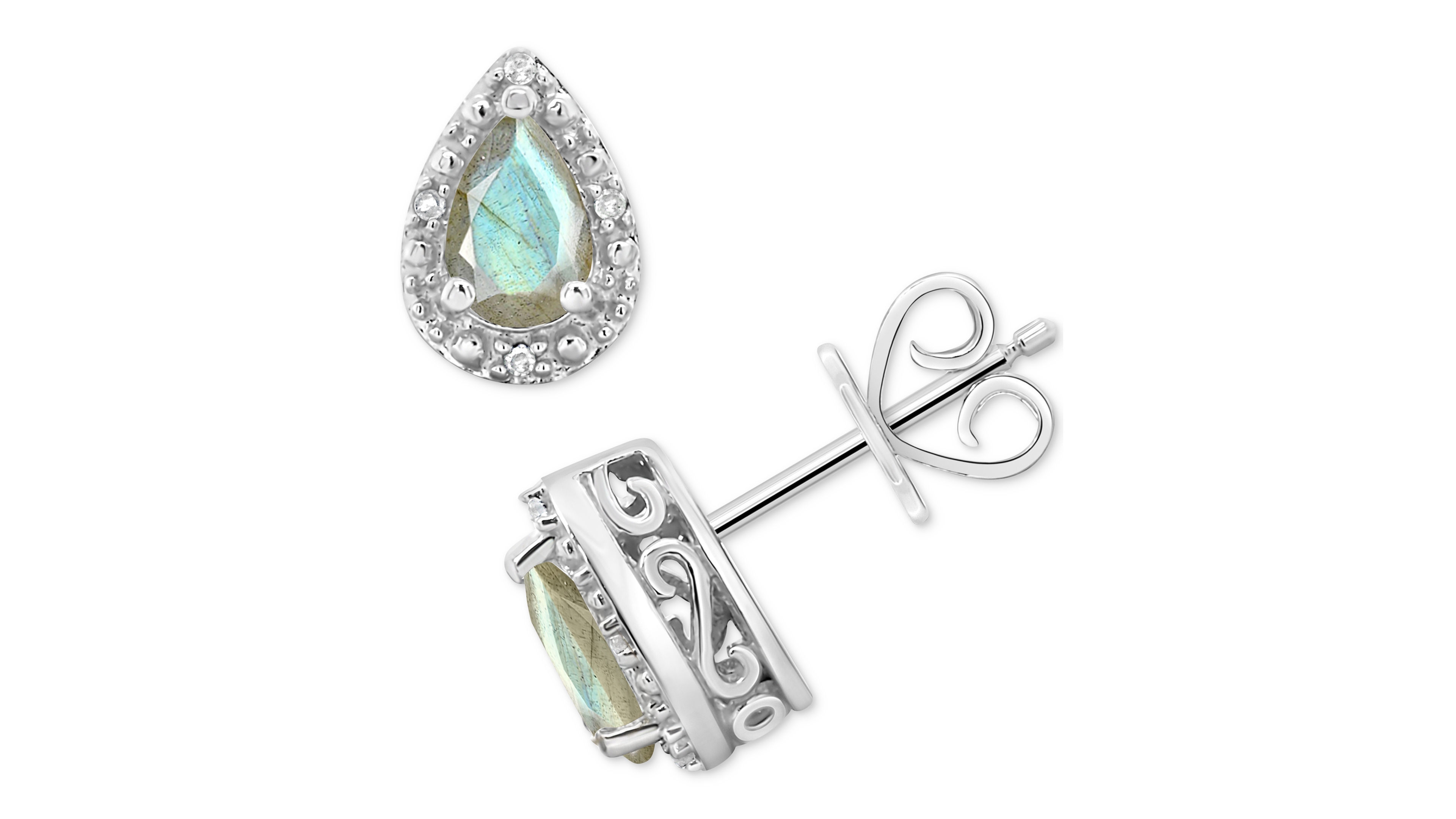 Onyx & Diamond Accent Pear Stud Earrings Sterling Silver (Also Turquoise Labradorite)