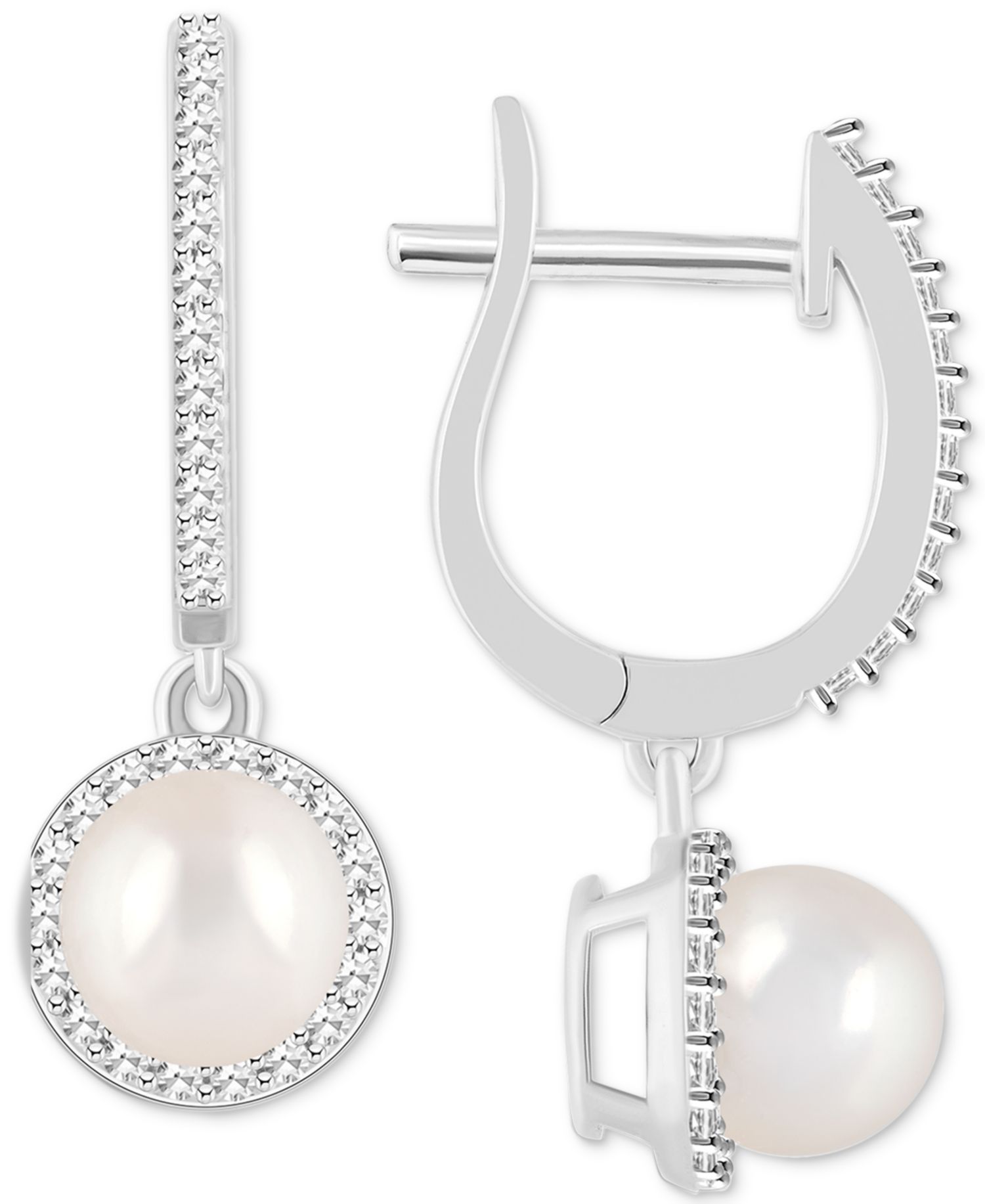 Cultured Freshwater Pearl & Diamond (1/3 ct. t.w.) Halo Leverback Earrings in Sterling Silver
