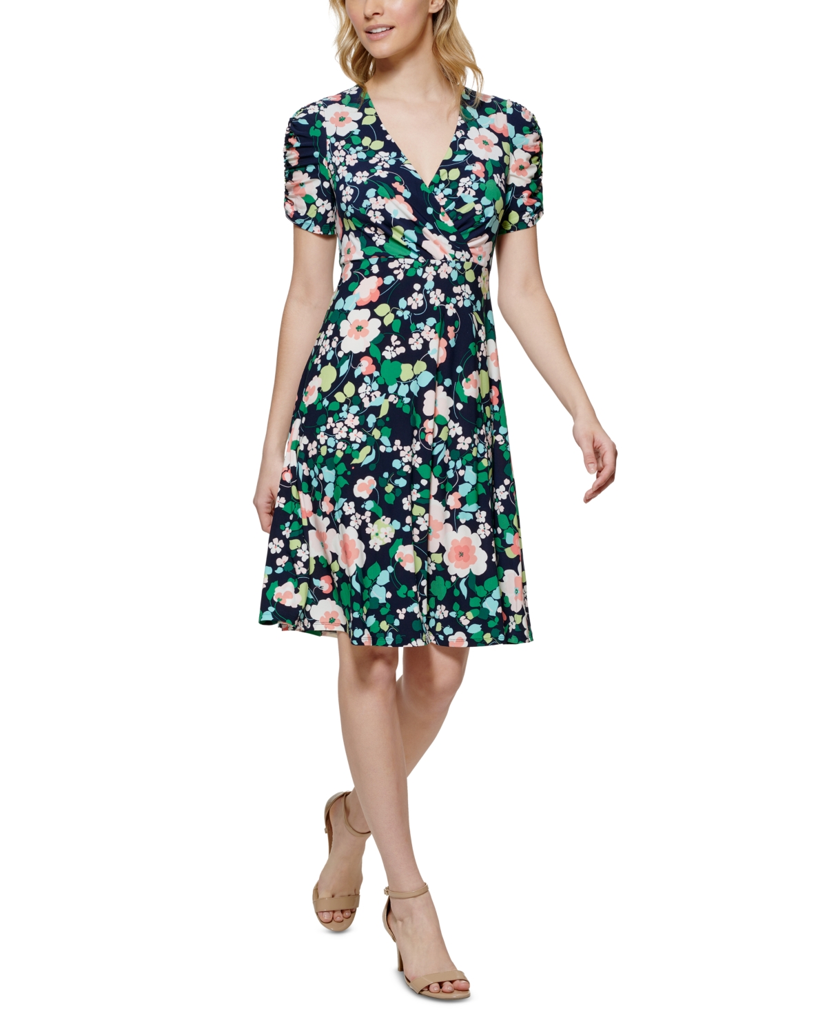 Tommy Hilfiger Women's Floral-printed Tie-neck Dress In Sky Captain ...