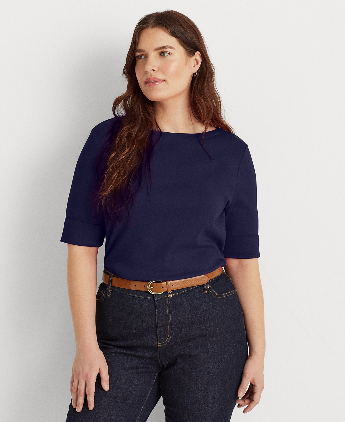 Shop Ralph Lauren Plus Size Cotton-blend Boatneck Top In Lauren Navy
