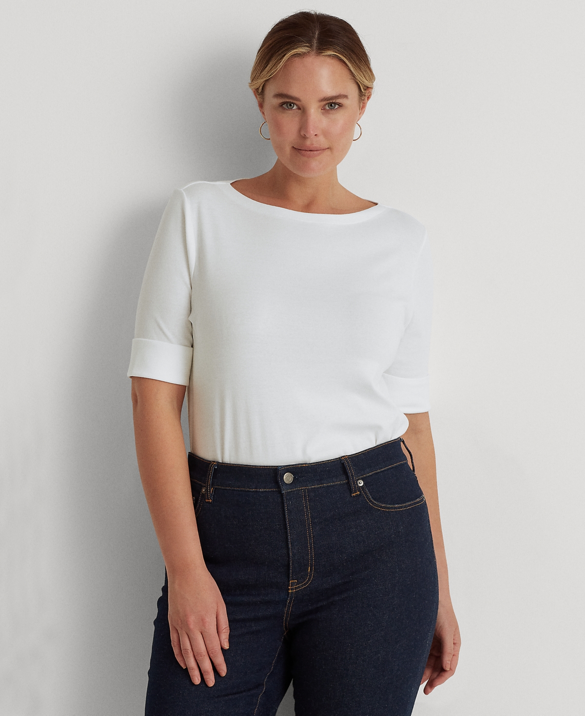 Lauren Ralph Lauren Plus Size Cotton-blend Boatneck Top In White