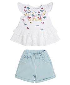 Baby Girls Glitter Logo Jersey T-shirt and Knit Denim Shorts, 2 Piece Set