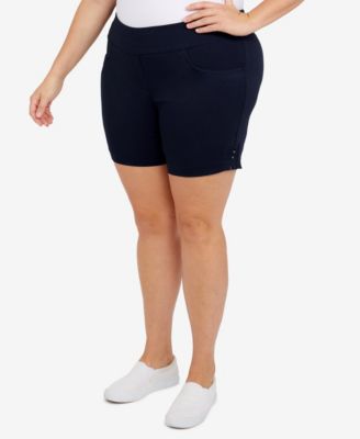 Plus Size Essentials Solid Color Tech Stretch Shorts with Elastic Waistband