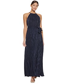 Embellished-Trim Pleated Halter Gown