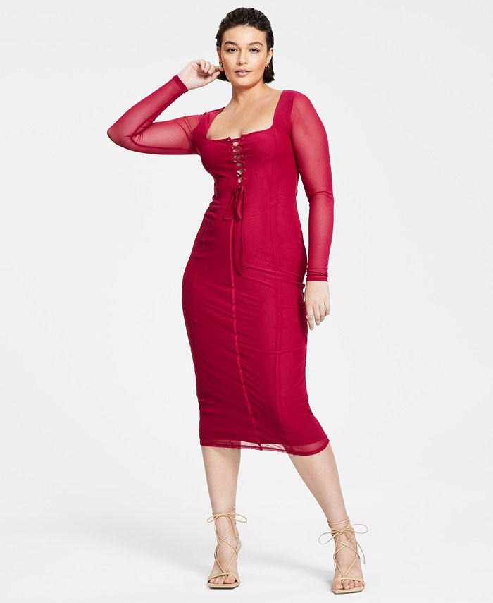Bar III Women's Solid Lace-Up Mesh Midi Dress, Created for Macy's & Reviews  - Dresses - Women - Macy's