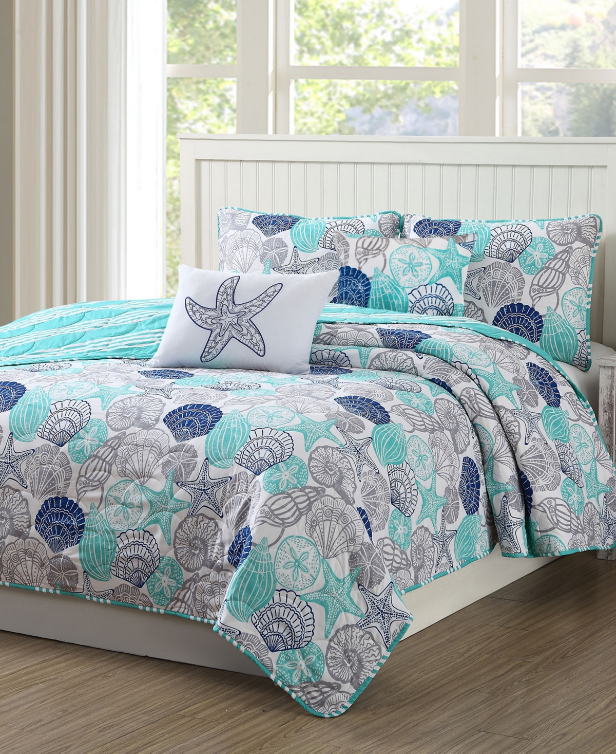 Quaint Home Closeout!  Seashell And Starfish Print Reversible 5 Piece Quilt Set, King In Turquois