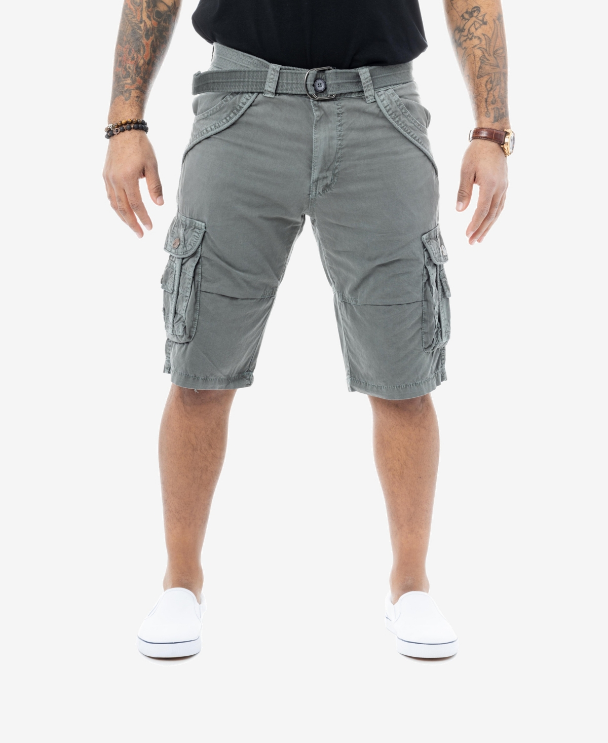 Men's Belted Double Pocket Cargo Shorts - Steel