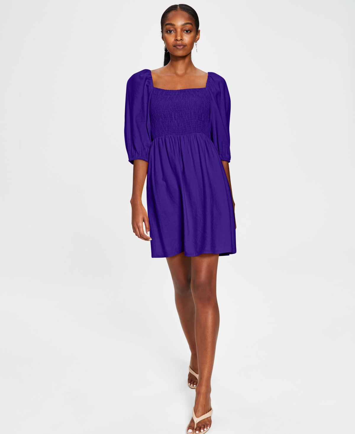Bar Iii Women's Smocked Puff-sleeve Fit & Flare Dress, Created For Macy's In Porcelain