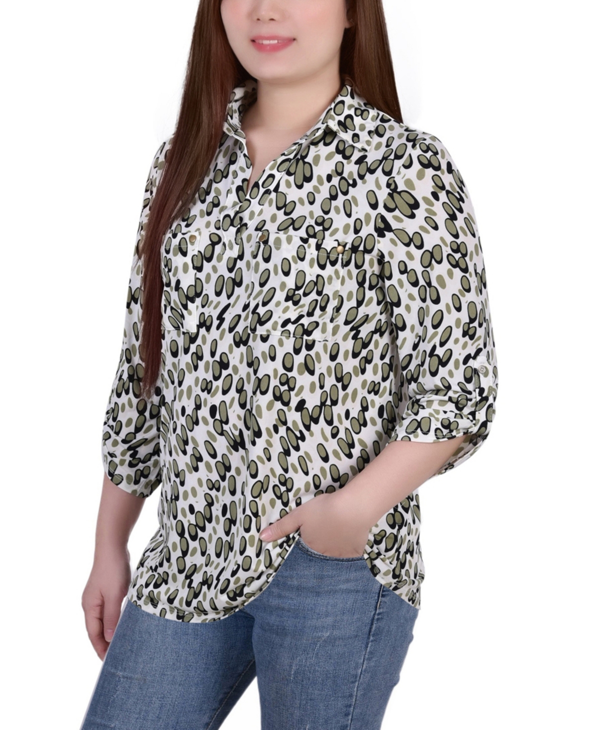 Ny Collection Petite 3/4 Ruched Sleeve Studded Y-neck Top