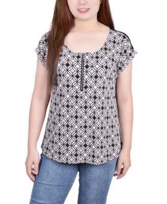 Petite Size Short Sleeve 1/2 Zip Knit Top - Mellow Rose and Ivory - Size PS