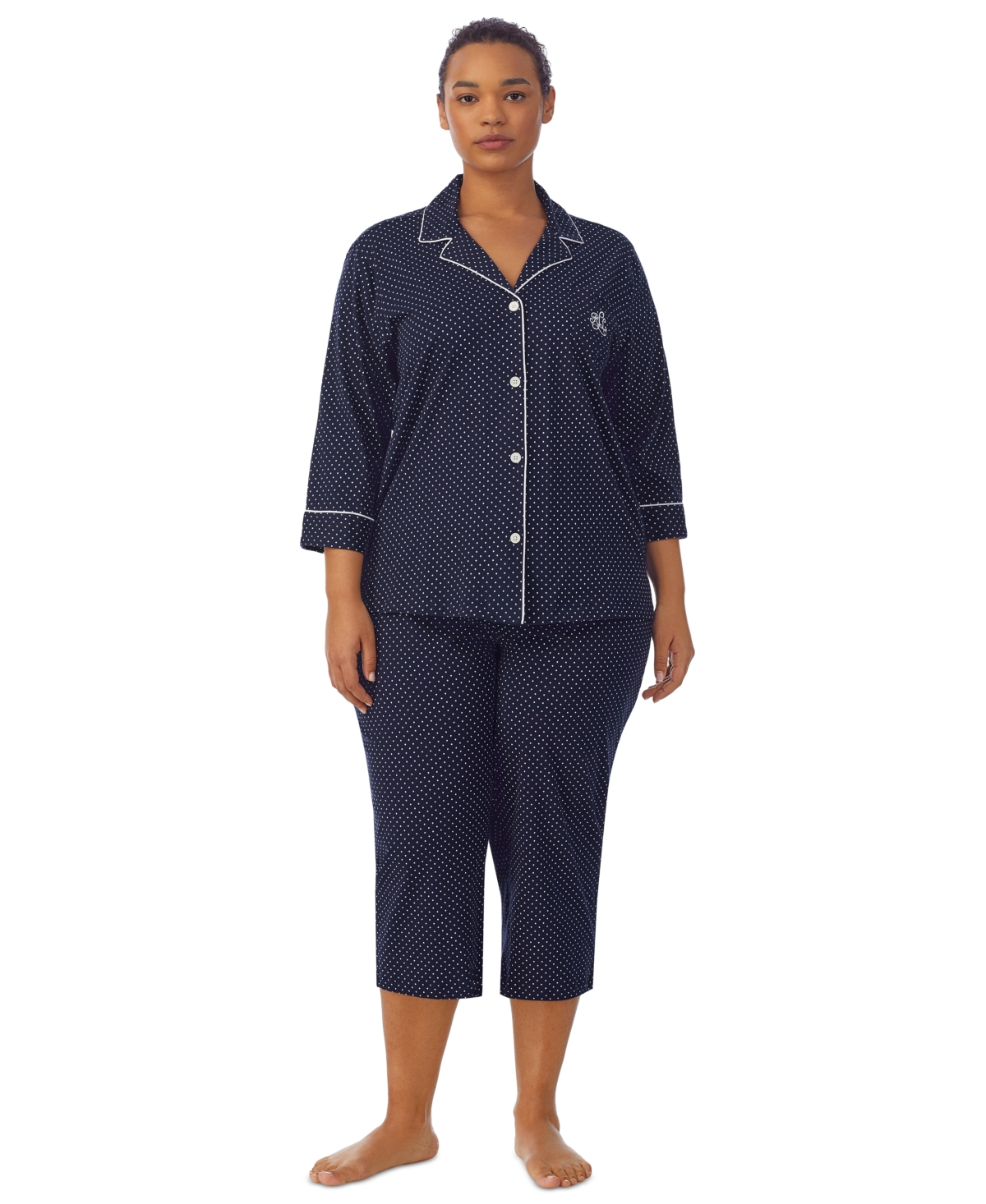 Shop Lauren Ralph Lauren Plus Size Button-front Top And Pants Pajama Set In Navy Dot