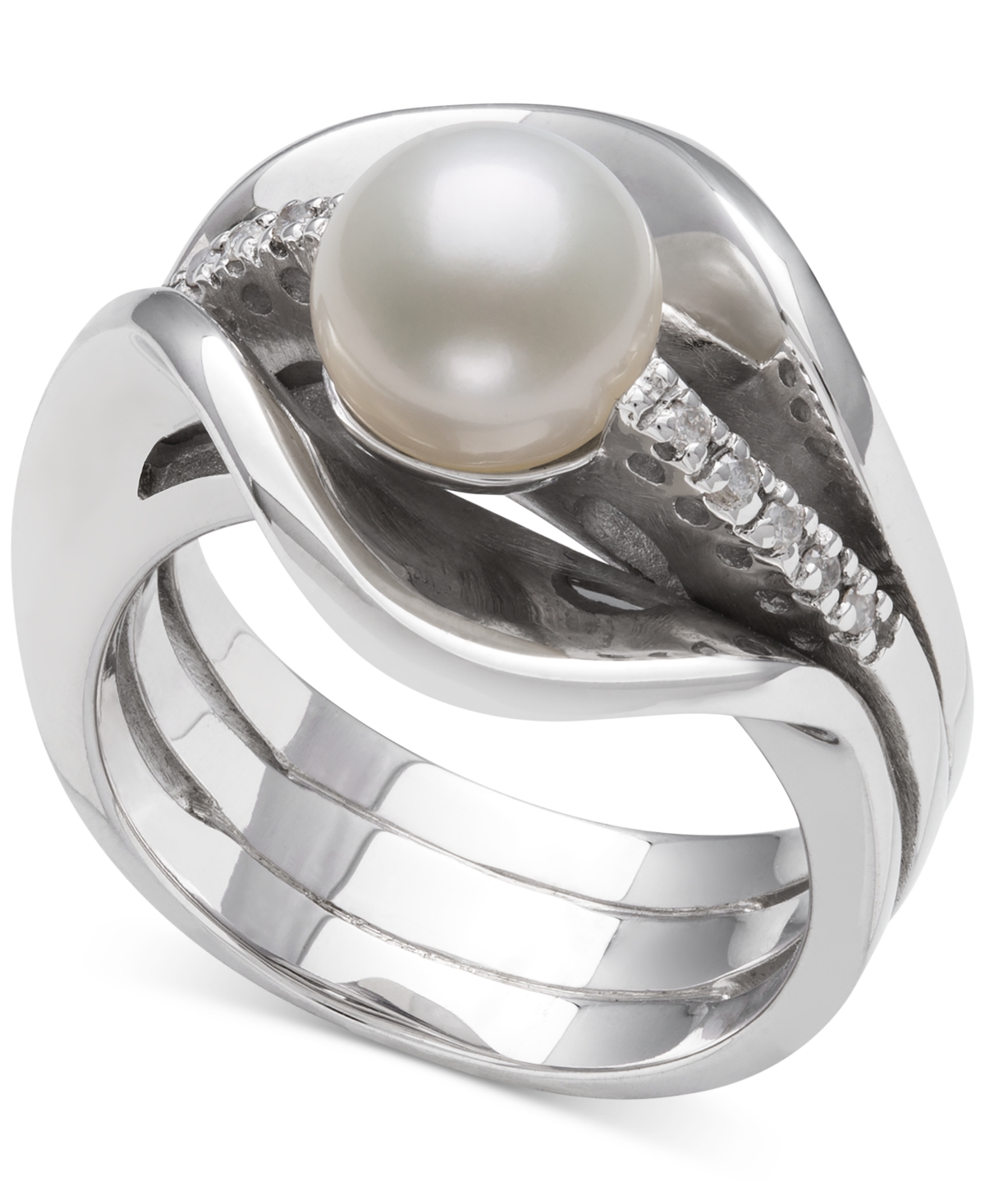 Belle De Mer Cultured Freshwater Pearl (8mm) & Diamond Accent Ring In Sterling Silver