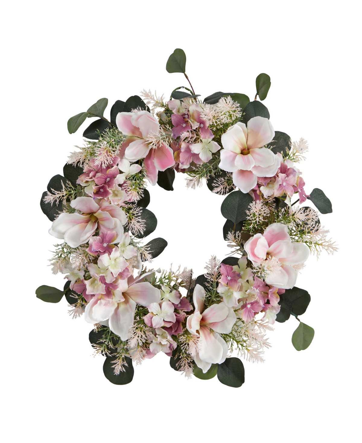 Nearly Natural Hydrangea And Magnolia Artificial Wreath, 20" In Pink