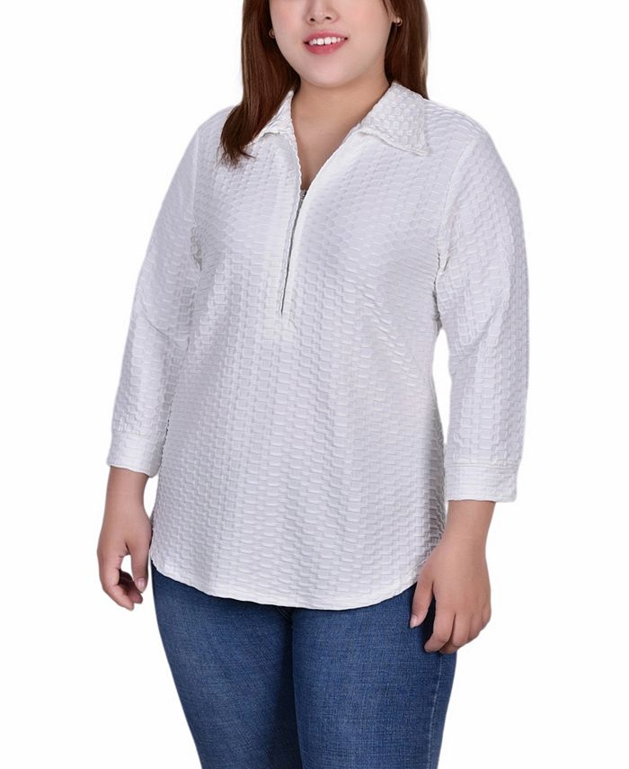 NY Collection Plus Size 3/4 Sleeve Honeycomb Half Zip Collared Top - Macy's