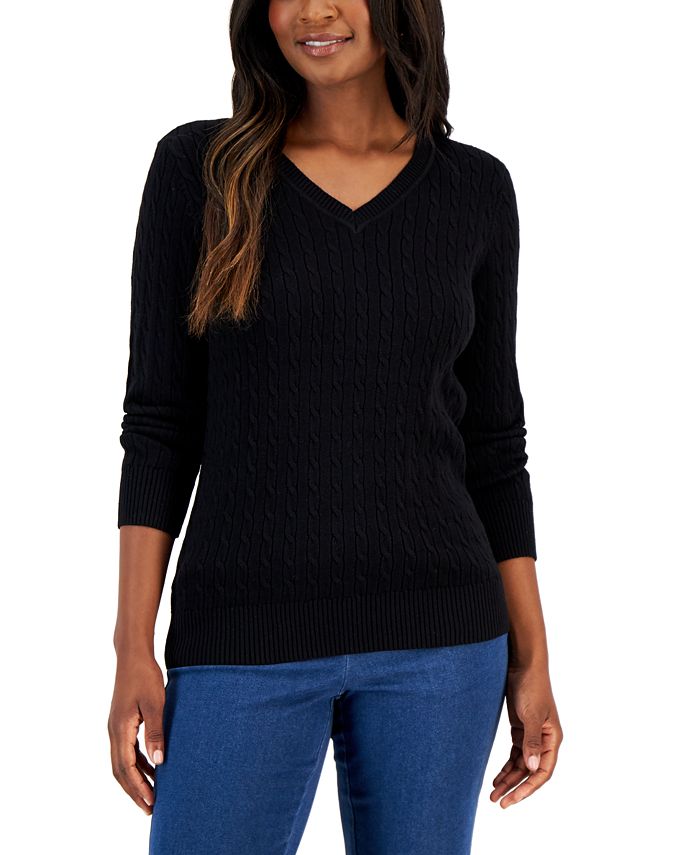 Karen Scott Petite Cotton V-Neck Cable Sweater, Created for Macy's - Macy's