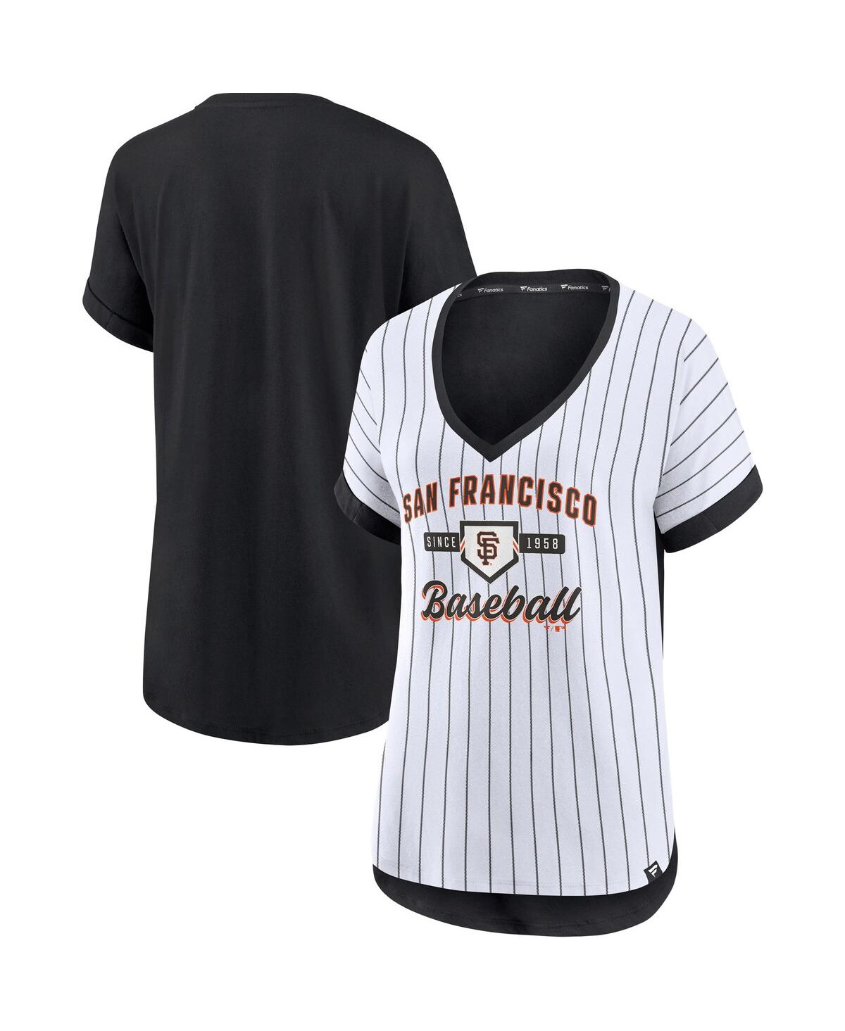 Fanatics Women's  Branded White And Black San Francisco Giants Iconic Noise Factor Pinstripe V-neck T In White,black