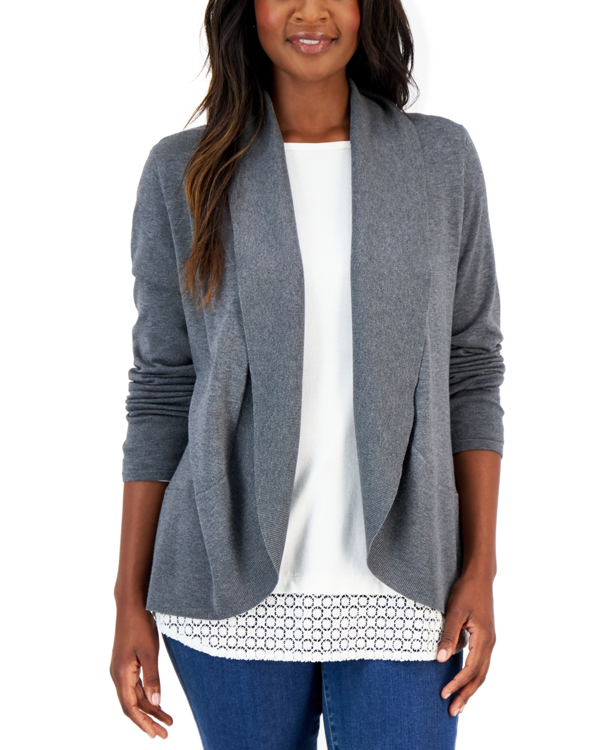 Women's Shawl-Collar Curved-Hem Cardigan, Created for Macy's - Charcoal Heather