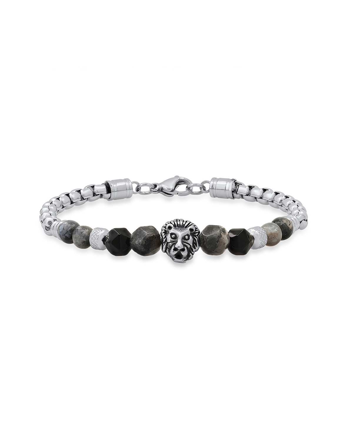 Men's Stainless Steel Curb Chain Link Bracelet and Black or Gray Agate Stones with Lion Charm - Multi