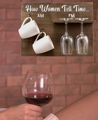How Woman Tell Time Wall Mounted Wine Rack with Wine Glasses and Coffee Mugs, Set of 5