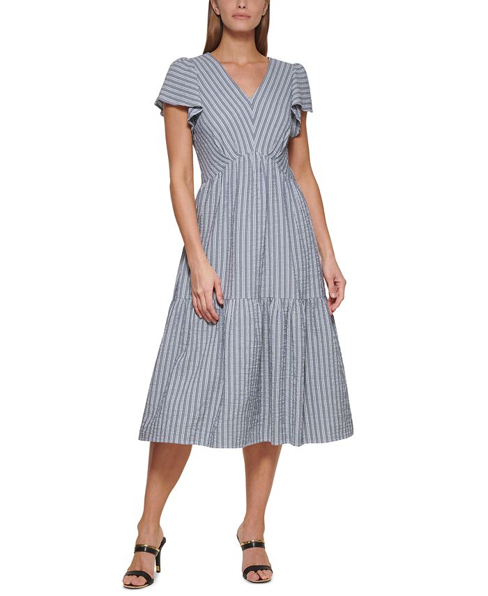 DKNY Striped Tiered Midi Dress - Macy's
